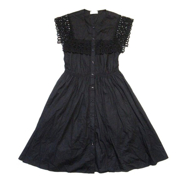 NWT Sandro Lidwine in Black Cotton Poplin Lace-Trimmed A-Line Dress 36 / US 4 - Picture 1 of 6